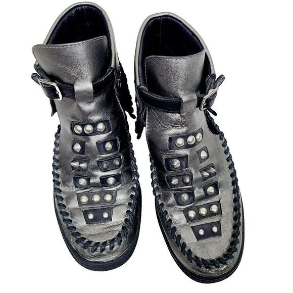Coach Roccasin Cut Out Sneakers 5 Black Metallic Silver Studded Fringe Booties - Picture 2 of 8